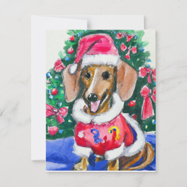 Christmas Dachshund Tree Water Colour Painting Holiday Card (Front)