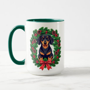 Christmas Dachshund with Festive Pine Wreath Mug