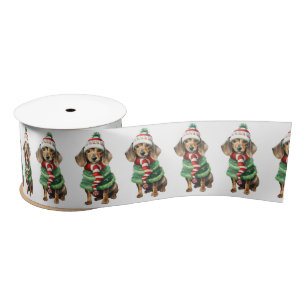 Christmas Dachshund With Winter Scarf Satin Ribbon