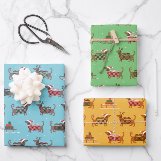 Christmas Dachshund Wrapping Paper Set of 3 (Front)