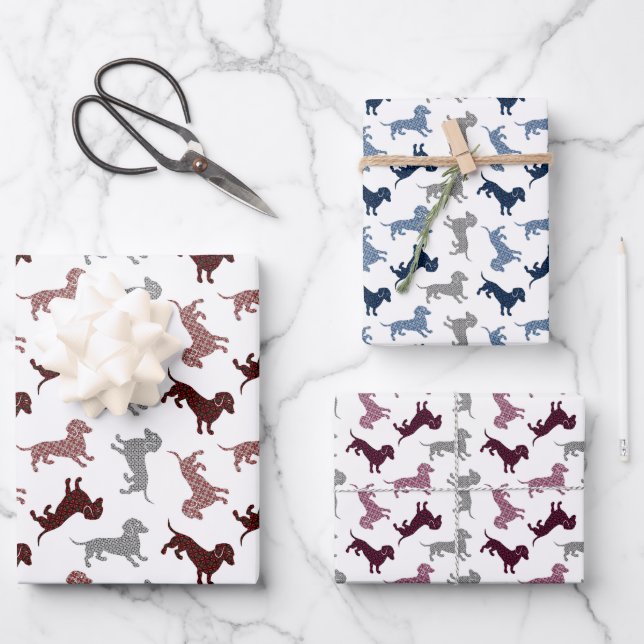 Christmas Dachshunds in Damask Wrapping Paper Sheet (Front)