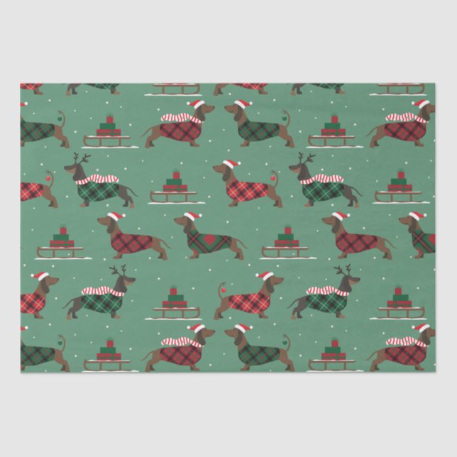 Christmas Dachshunds Wearing Sweater & Santa Hat Tissue Paper (Front)