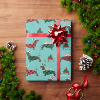 Christmas Dachshunds Wearing Sweater & Santa Hat Wrapping Paper