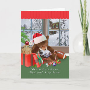 Christmas, Dad and Step Mum, Cat, Teddy Bear Holiday Card