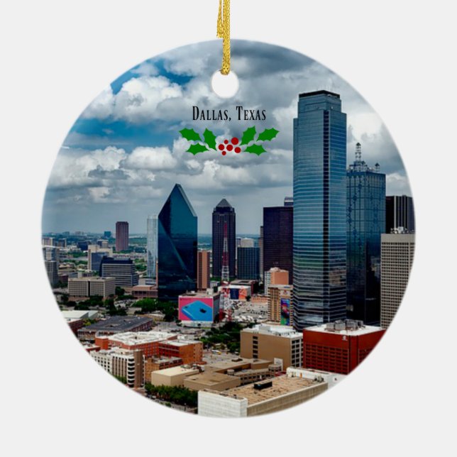 Christmas, Dallas, Texas skyline Ceramic Ornament (Back)