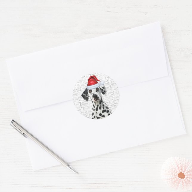 Christmas Dalmatian Santa and Woof Dog Lover Classic Round Sticker (Envelope)