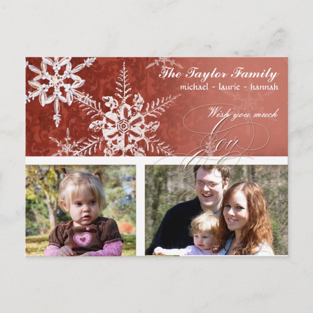 Christmas Damask Snowflake - Red and White Holiday Postcard (Front)
