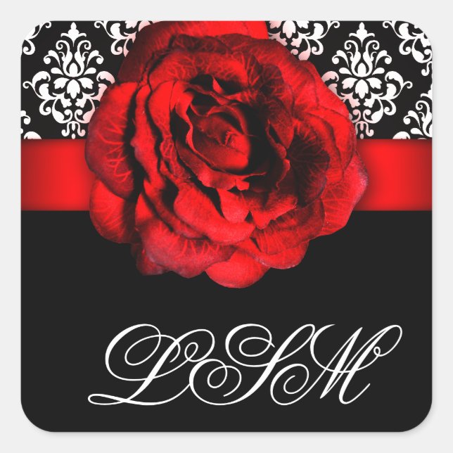 Christmas Damask Wedding Red Rose Monogram Square Sticker (Front)