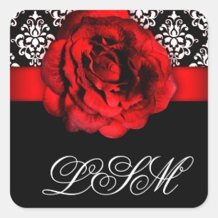 Christmas Damask Wedding Red Rose Monogram Square Sticker