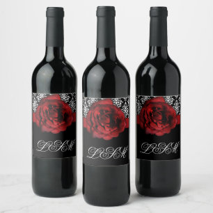 Christmas Damask Wedding Wine Label Red Rose
