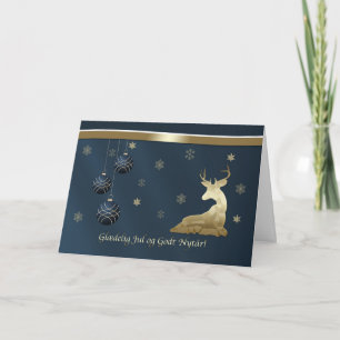 Christmas, Danish, Golden Deer and Snowflakes Holiday Card