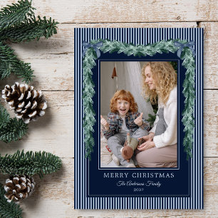 Christmas Dark Blue Stripes Bow Garlands 1 Photo Holiday Card