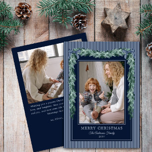 Christmas Dark Blue Stripes Bow Garlands Photo Holiday Card