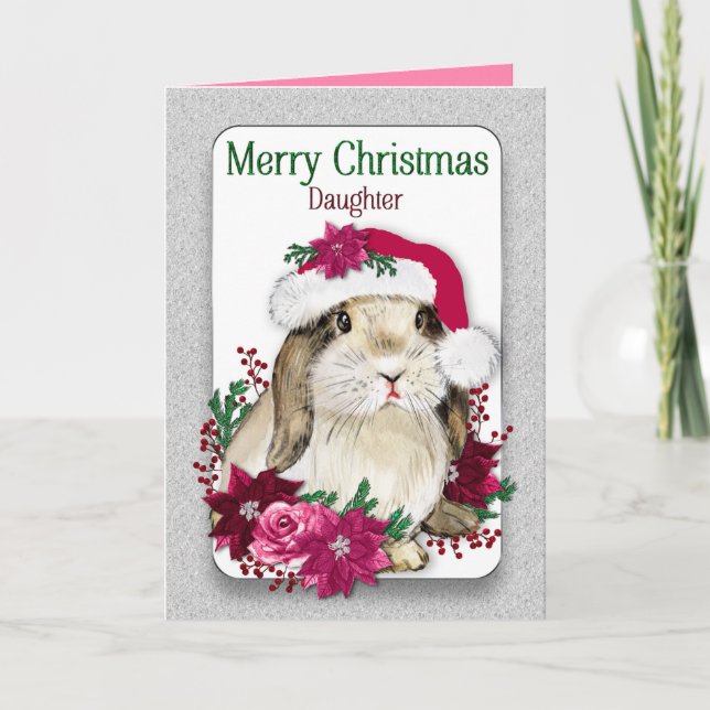Christmas DAUGHTER Bunny Wearing Santas Hat Card (Front)