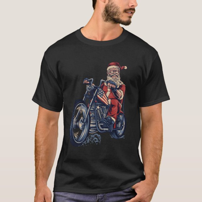 Christmas Day Cool Santa On A Motorcycle Riding Sa T-Shirt (Front)