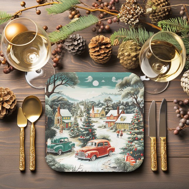 Christmas Day Homes Cars Pine Trees Mountains MCM Paper Plate (Cute Mid Century Modern theme Christmas.)