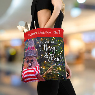 Christmas Days Be Merry Bright Rustic Snowman Name Tote Bag