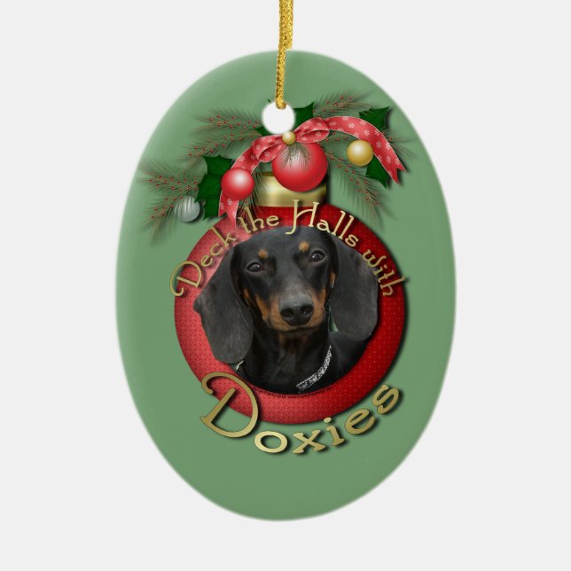 Christmas - Deck the Halls - Doxies - Winston Ceramic Ornament (Front)