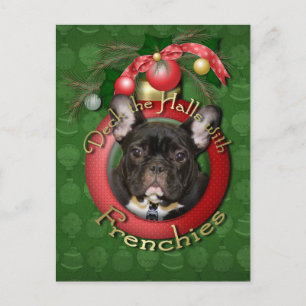 Christmas - Deck the Halls - Frenchies - Teal Holiday Postcard