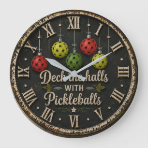 Christmas Deck the Halls with Pickleballs Large Clock