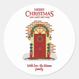 Christmas decorated door Red White Classic Round Sticker