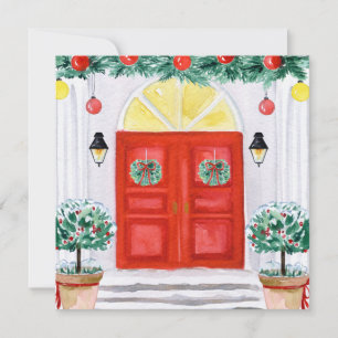 Christmas Decorated House Front Door Topiary Holiday Card