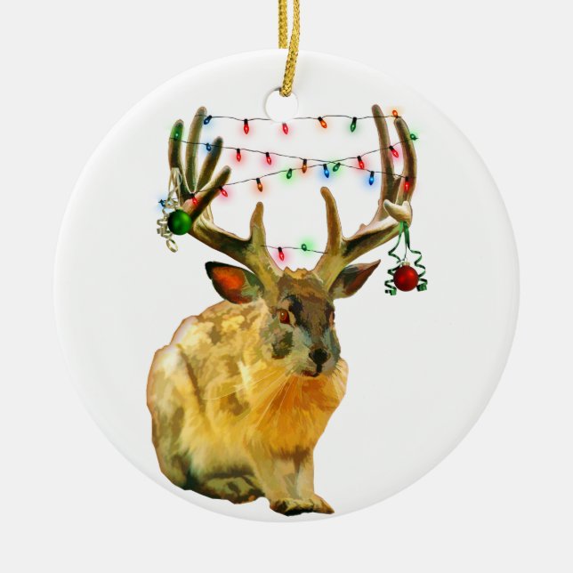 Christmas Decorated Jackalope Ceramic Tree Decoration (Front)