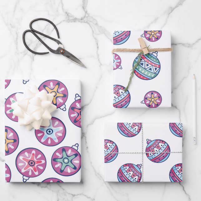 Christmas Decorated Ornaments Of Purples And Blues Wrapping Paper Sheet (Front)
