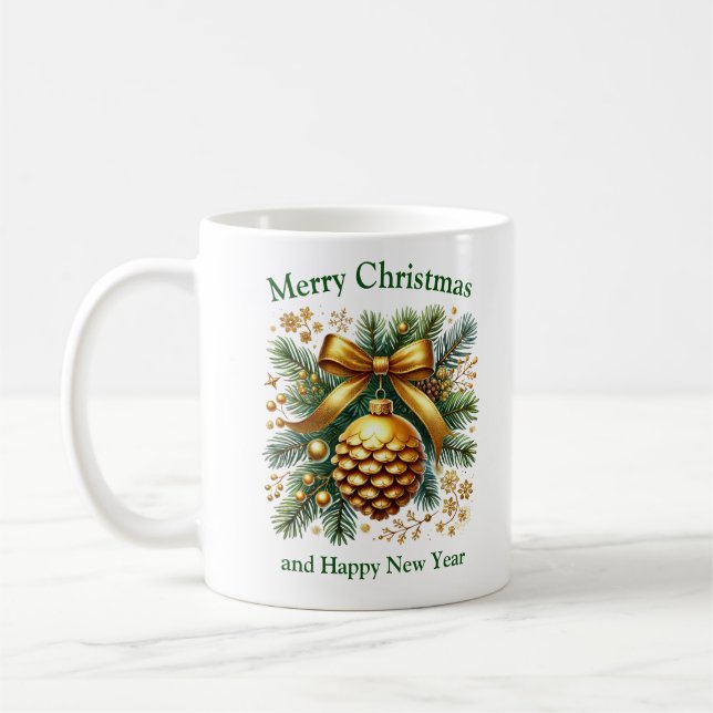 Christmas decoration pine cone sage green and gold coffee mug (Left)