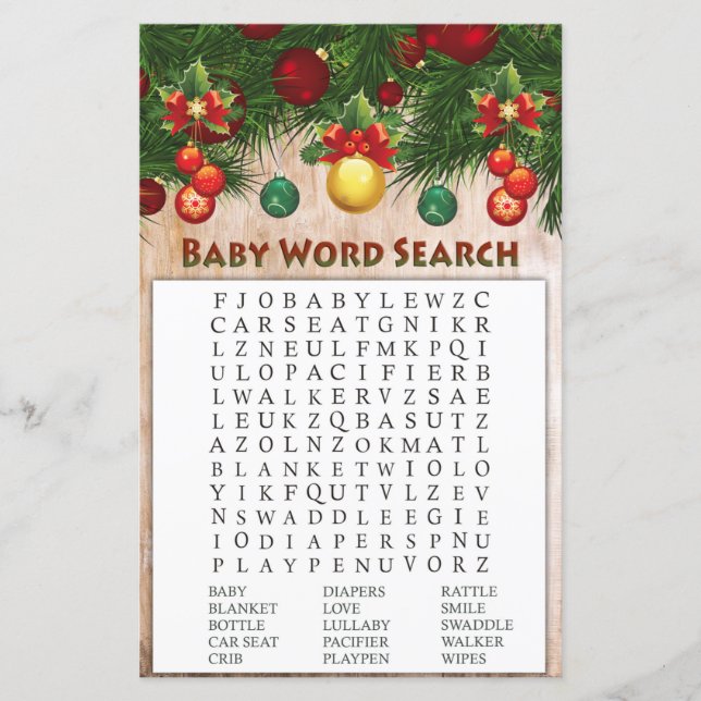 christmas decorations Baby Shower Word Search Game (Front)