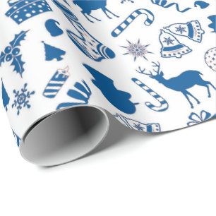 Christmas Decorations In Blue On White Wrapping Paper