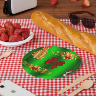 Christmas Decorations On Green Paper Plate