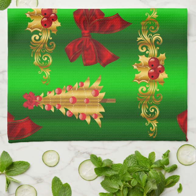 Christmas Decorations On Green Tea Towel (Folded)
