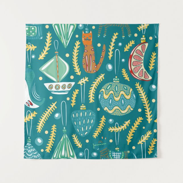Christmas decorations seamless pattern. Bright col Tapestry (Front)