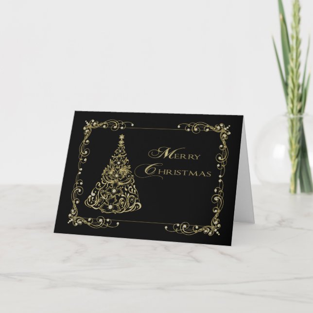 Christmas,   Decorative Gold Tree on Black Card (Front)