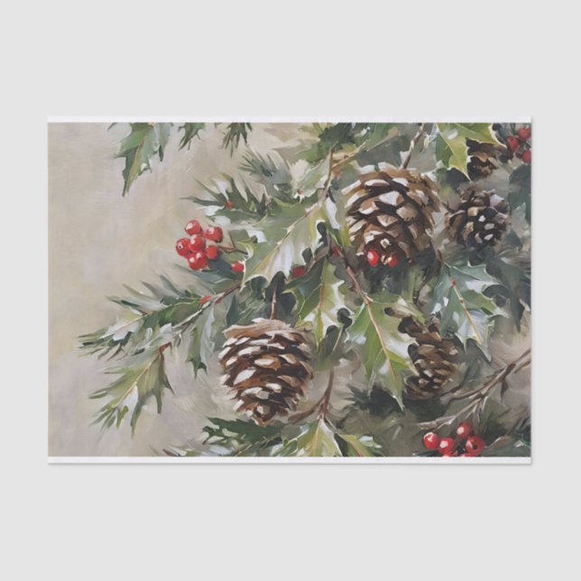 Christmas Decoupage Holly and Pinecones Tissue Paper (Front)