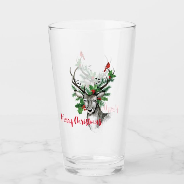 Christmas Deer and Cardinal with Holly  Glass (Front)