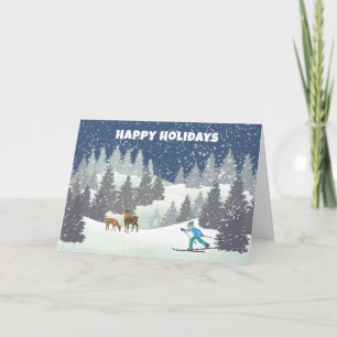 Christmas Deer And Cross Country Skier Holiday Card