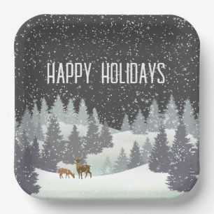 Christmas Deer and Winter Pines  Paper Plate