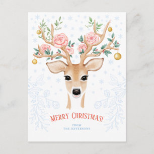 Christmas Deer Antler Watercolor Holly Roses Snow Holiday Postcard