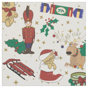 Christmas deer,bear,cat and Nutcracker Fabric