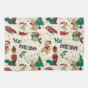 Christmas deer,bear,cat and Nutcracker Tea Towel