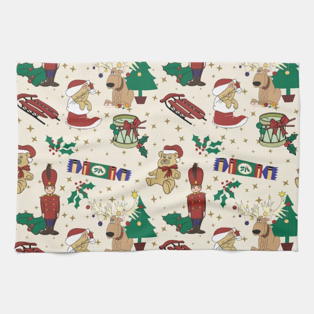 Christmas deer,bear,cat and Nutcracker Tea Towel (Horizontal)
