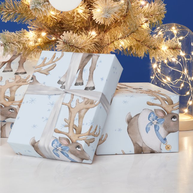 Christmas Deer Blue Winter Snowflakes Wrapping Paper (Holidays)