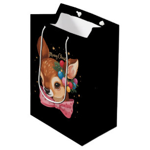 Christmas Deer Bow Retro Deer Vintage Holiday Medium Gift Bag