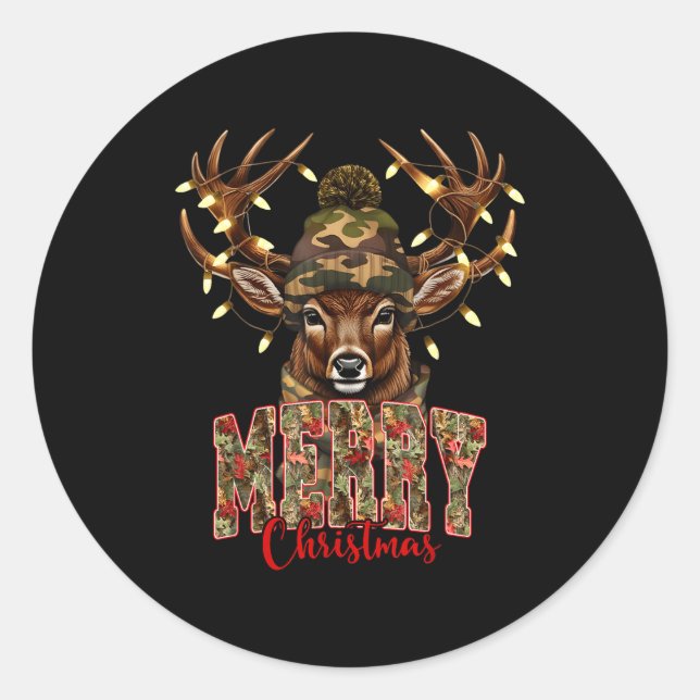 Christmas Deer Camouflage Hunting Camo Reindeer &a Classic Round Sticker (Front)