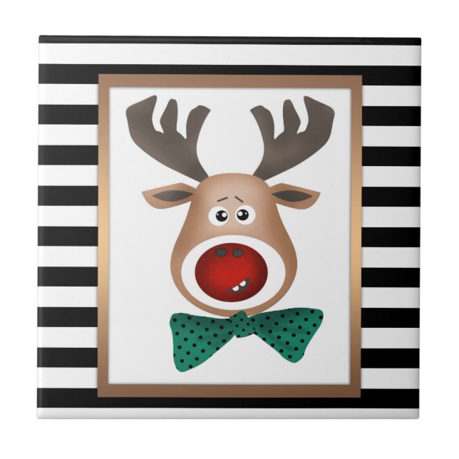Christmas deer card striped black white celebrate ceramic tile (Front)