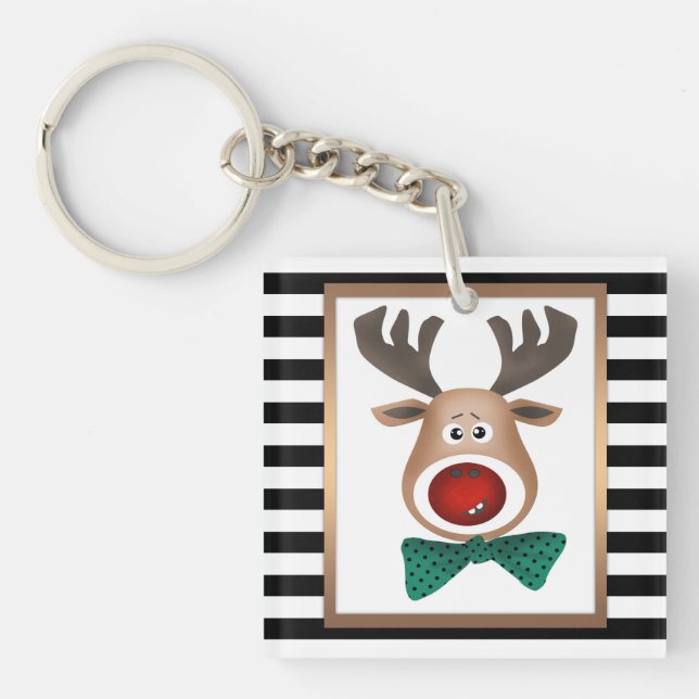 Christmas deer card striped black white celebrate key ring (Front)