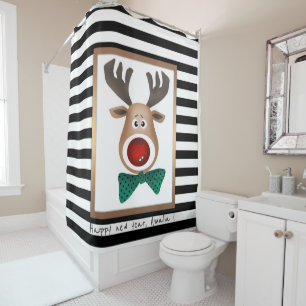 Christmas deer card striped black white celebrate shower curtain