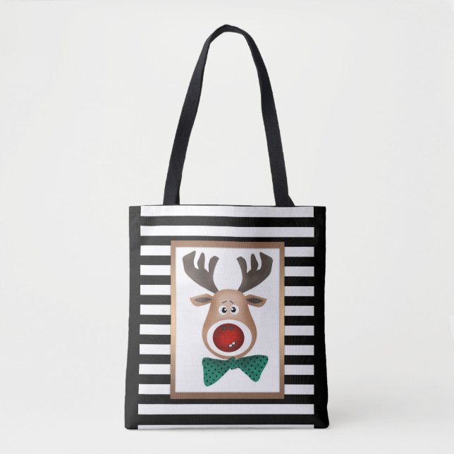 Christmas deer card striped black white celebrate tote bag (Front)